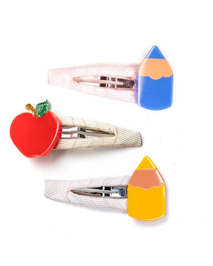 Set of three hair clips with an apple, blue pencil, and and yellow pencil design