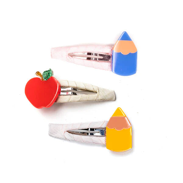 Set of three hair clips with an apple, blue pencil, and and yellow pencil design