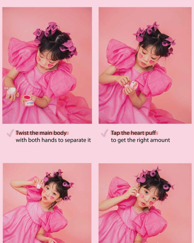 Instructions of a girl demonstrating how to use heart blush stamp
