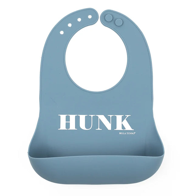 Blue baby bib with 'HUNK' printed on it