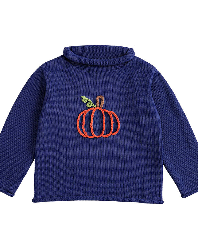 Blue rollback sweater with a pumpkin design 