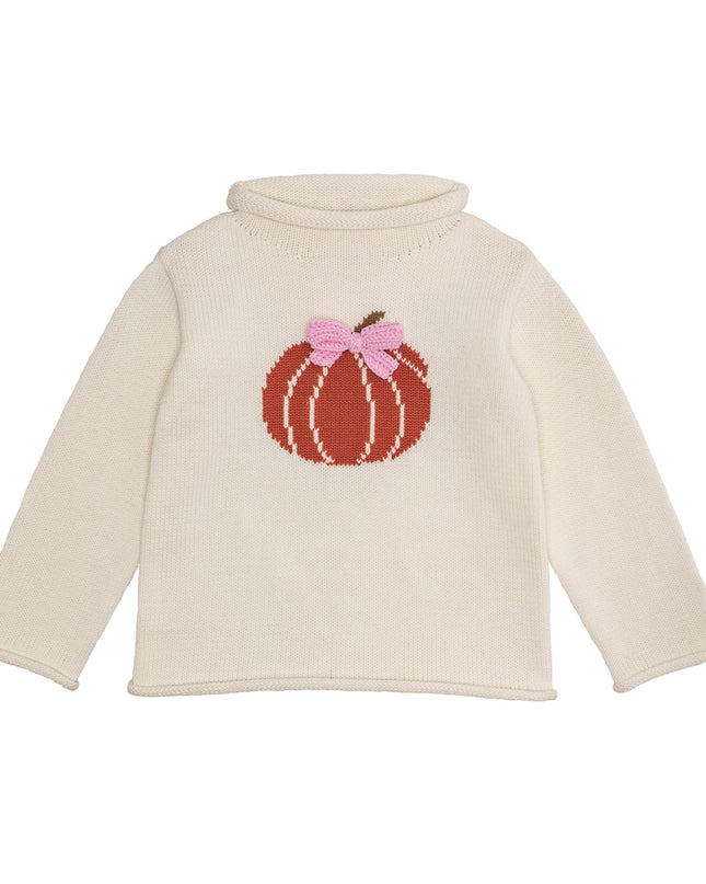 Off-white rollneck sweater with a pumpkin design and pink bow 