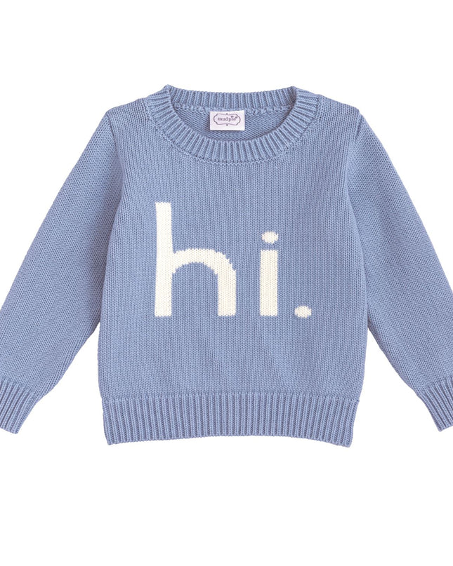 Blue sweater with 'hi.' text 