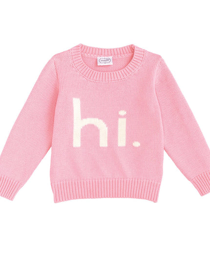 Pink sweater with 'hi' text