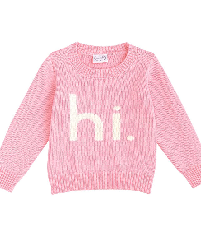 Pink sweater with 'hi' text