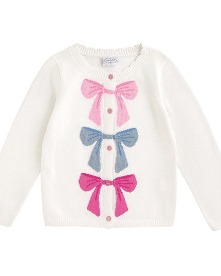 An white knit cardigan sweater with three colorful pink and blue bow motifs on the front