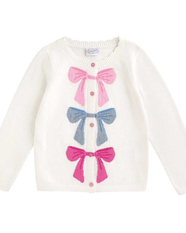 An white knit cardigan sweater with three colorful pink and blue bow motifs on the front