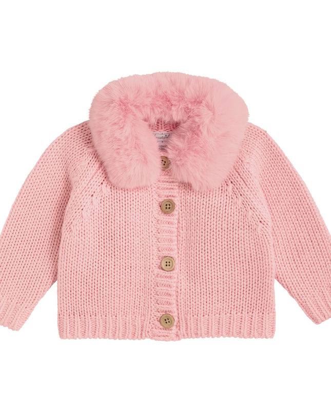 Pink knitted cardigan with fur collar