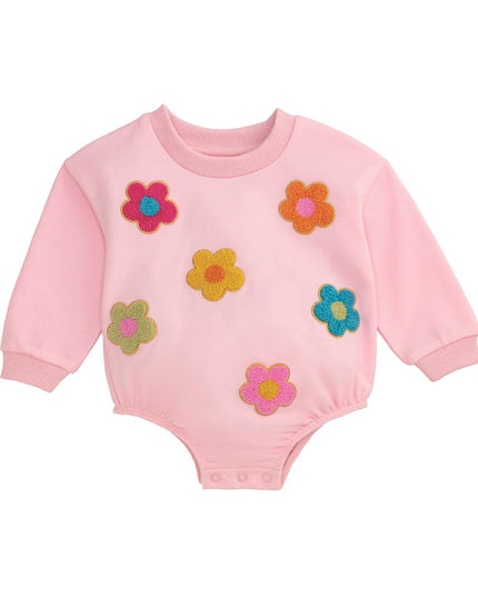 Pink baby romper with colorful flowers