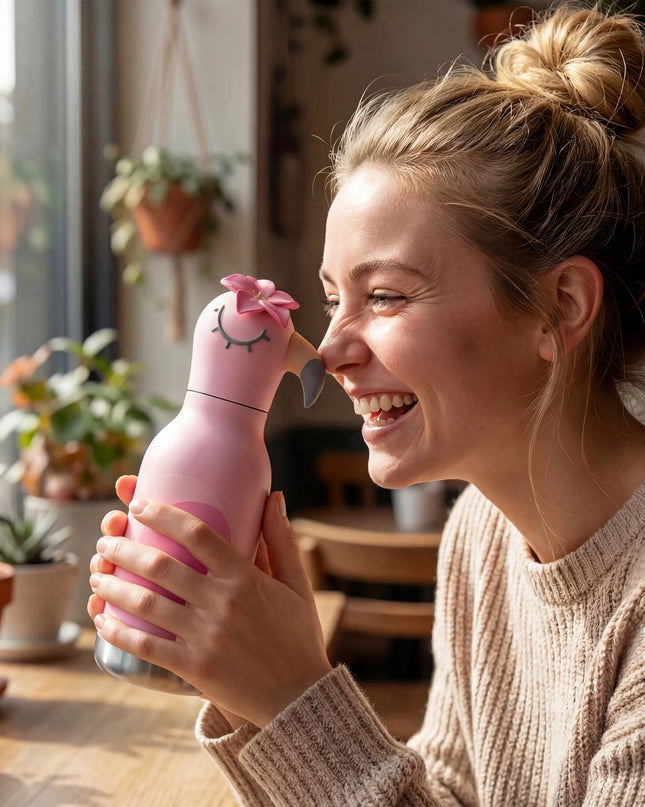 Woman Holding Pink Flamingo Water Bottle