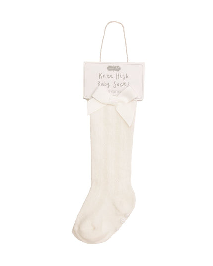 White knee-high baby socks with bow