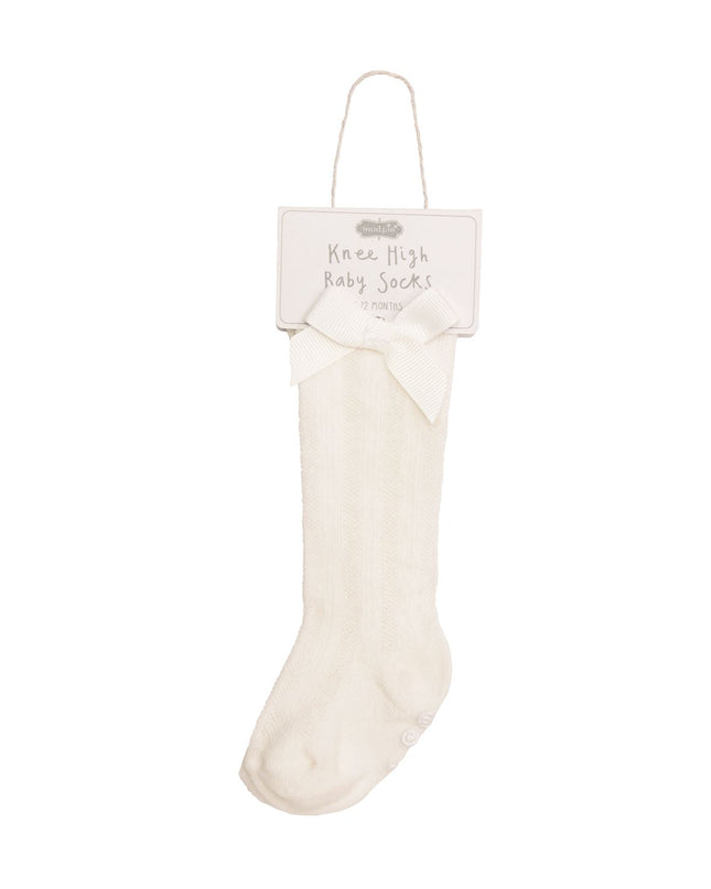 White knee-high baby socks with bow