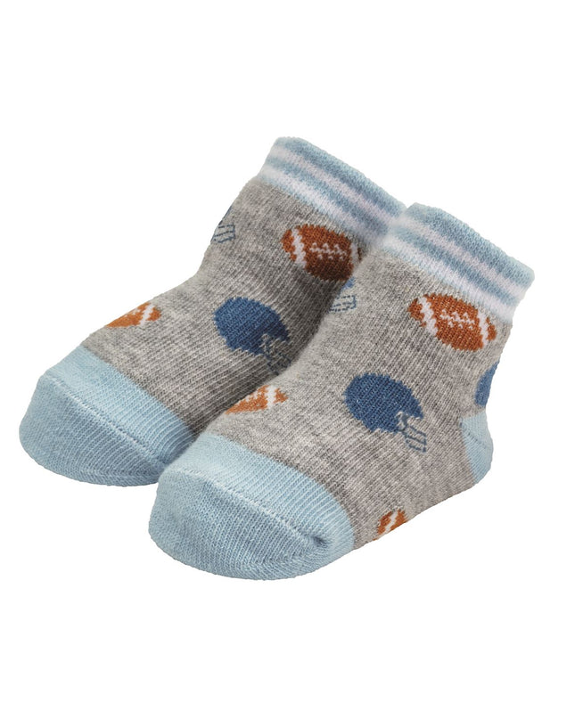 Pair of grey and blue baby socks with football and helmet design