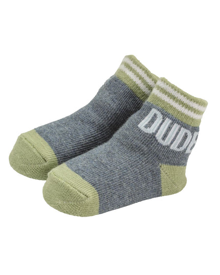 Pair of gray and green socks with 'DUDE' 