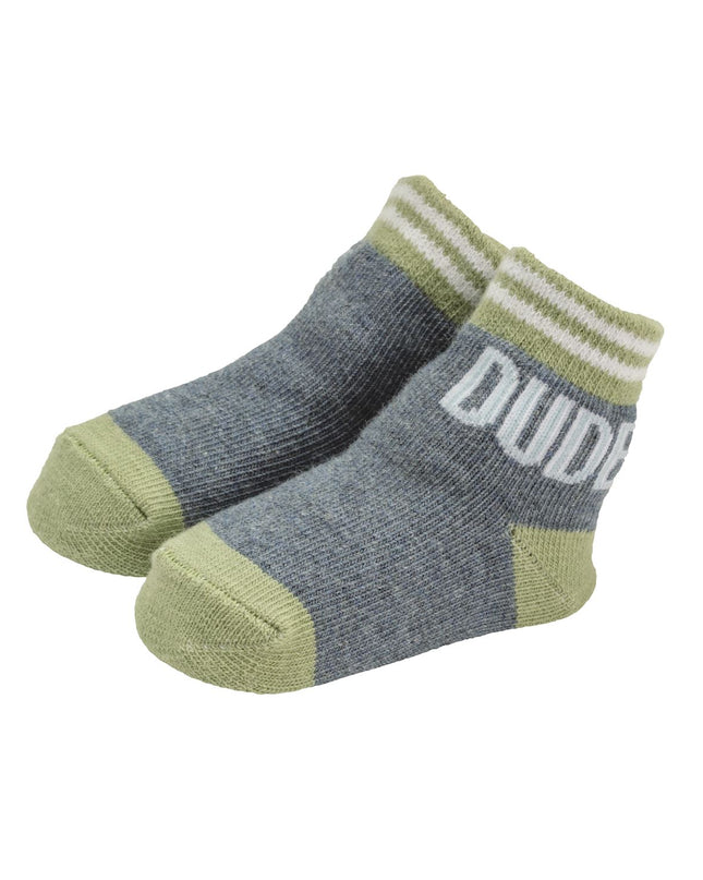 Pair of gray and green socks with 'DUDE' 