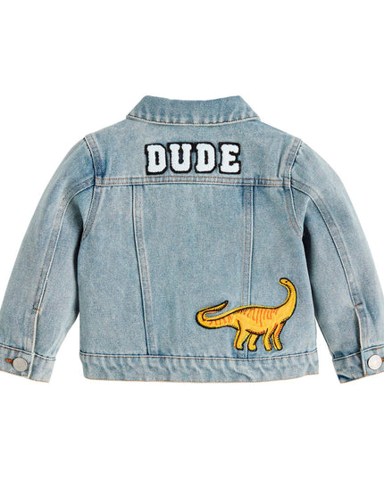 Denim jacket with 'DUDE' and dinosaur patches