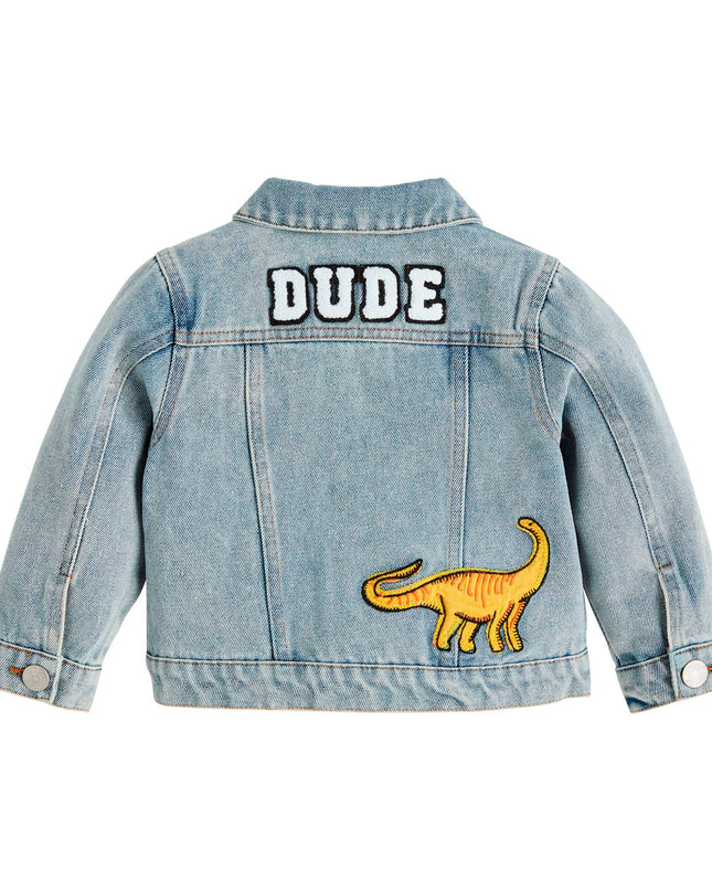 Denim jacket with 'DUDE' and dinosaur patches