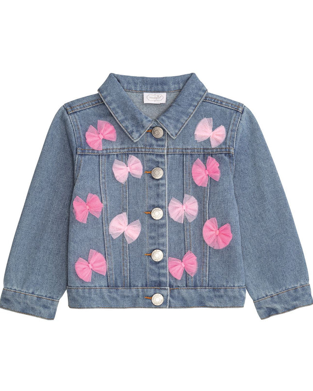 Denim jacket with pink tulle bows