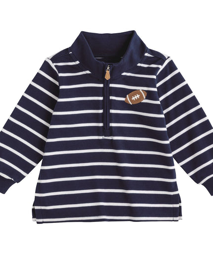 Blue and White Stripe Half-Zip Pullover Sweatshirt with Football Appliqué 