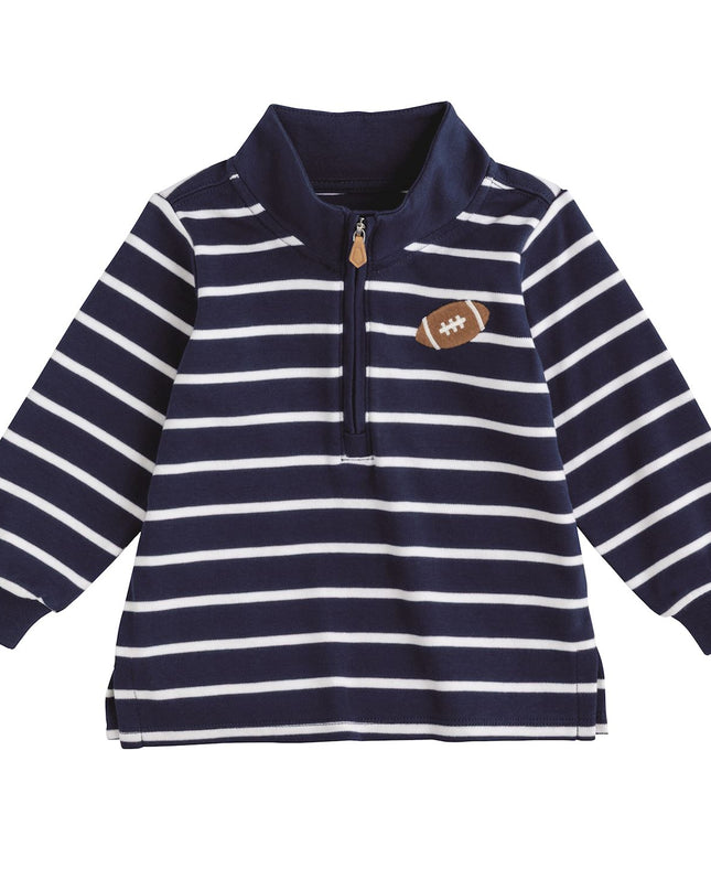 Blue and White Stripe Half-Zip Pullover Sweatshirt with Football Appliqué 