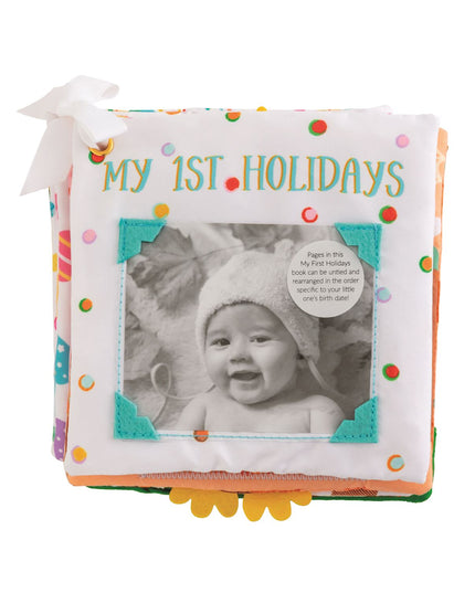 Baby book titled 'My 1st Holidays' with a photo of a baby on the cover.