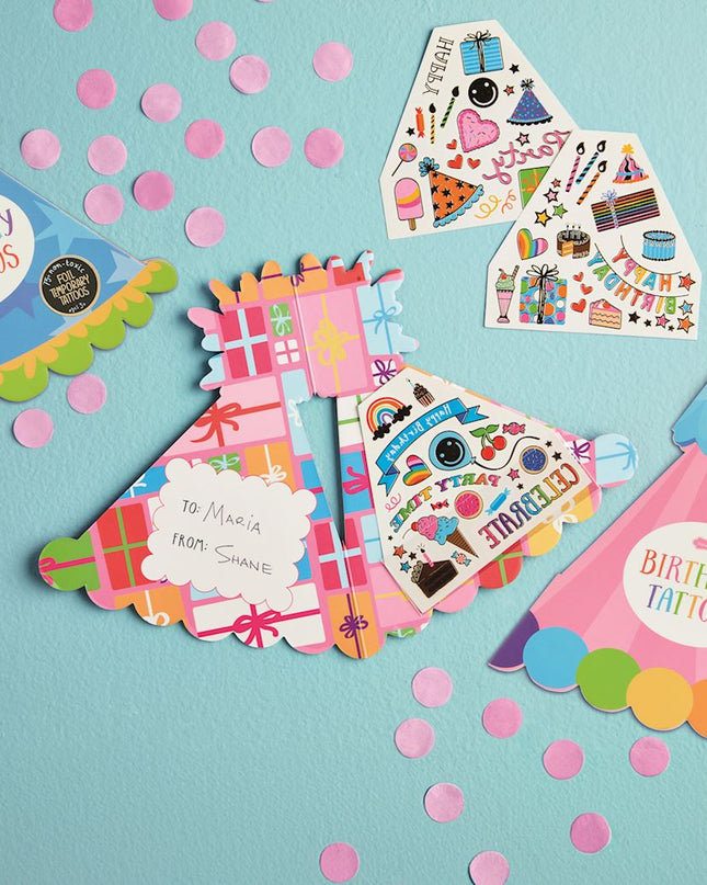 Packs of birthday tattoos shaped like a party hat 