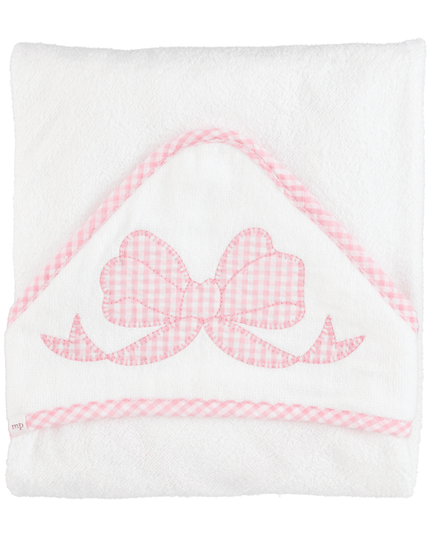 White hooded baby towel with pink gingham bow detail