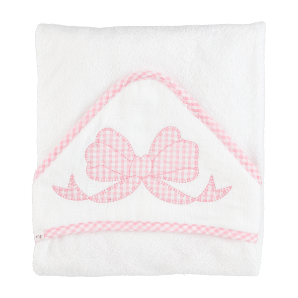 White hooded baby towel with pink gingham bow detail
