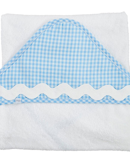 White baby towel with blue gingham hood
