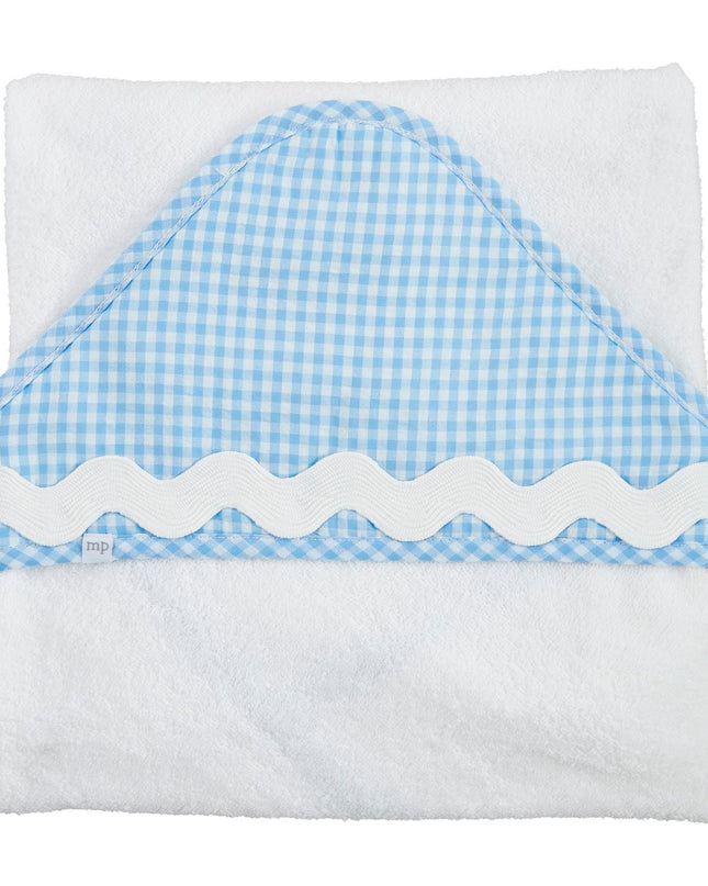 White baby towel with blue gingham hood