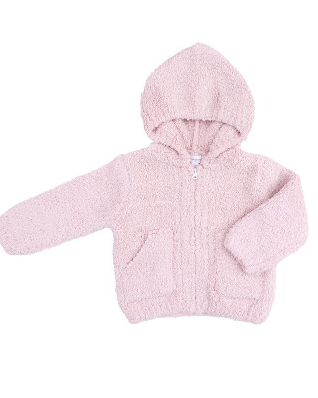 A light pink chenille zip-up hoodie jacket for a baby, featuring a hood, front zipper, and two front pockets