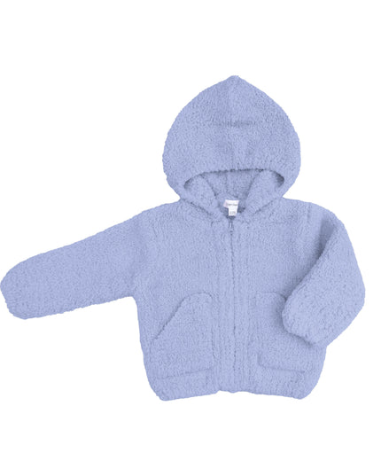 A dusty blue chenille zip-up hoodie with a hood and front pockets