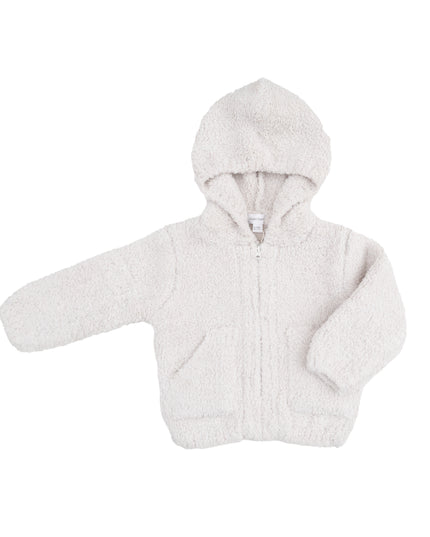 An off-white chenille zip-up hoodie featuring a hood, front zipper, and front pockets.