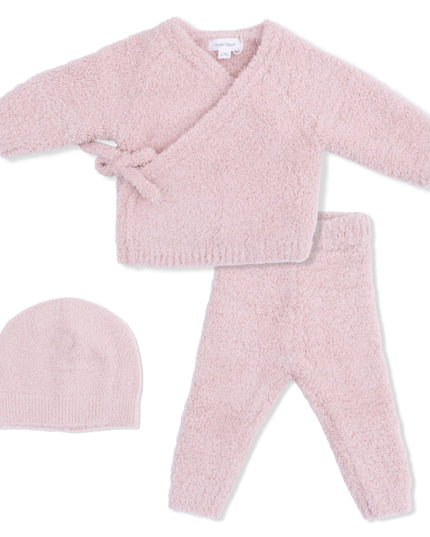 Pink baby outfit with a kimono wrap top, pants, and hat 