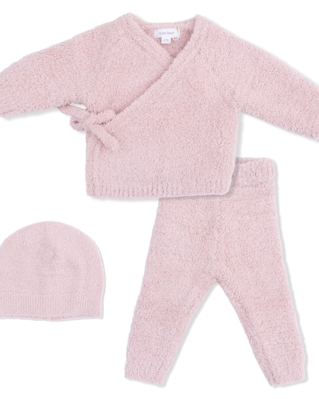 Pink baby outfit with a kimono wrap top, pants, and hat 