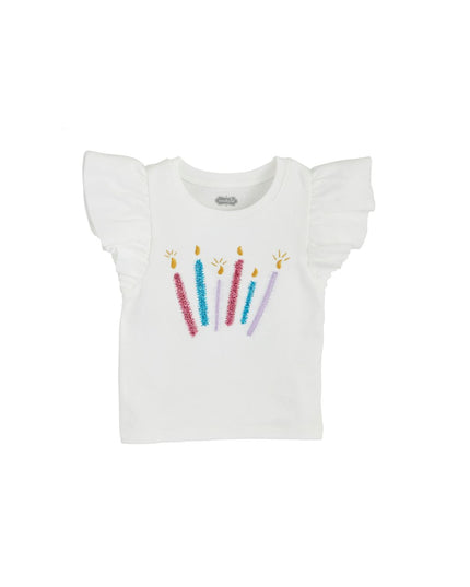 White t-shirt with colorful birthday candles design 