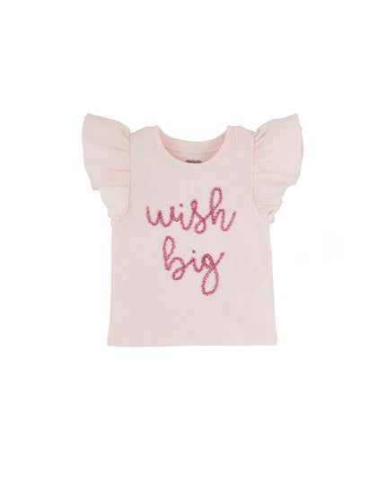 Pink t-shirt with 'wish big' text and ruffled sleeves 