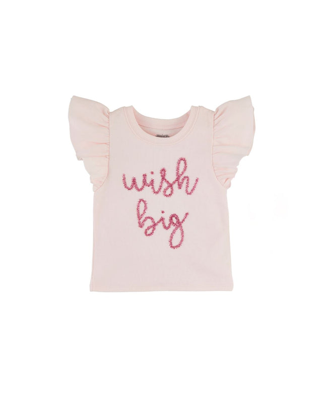 Pink t-shirt with 'wish big' text and ruffled sleeves 