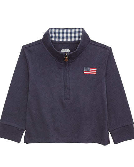 Navy blue quarter zip sweatshirt with American flag