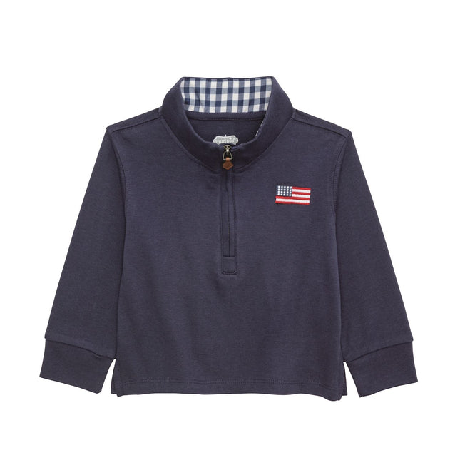 Navy blue quarter zip sweatshirt with American flag