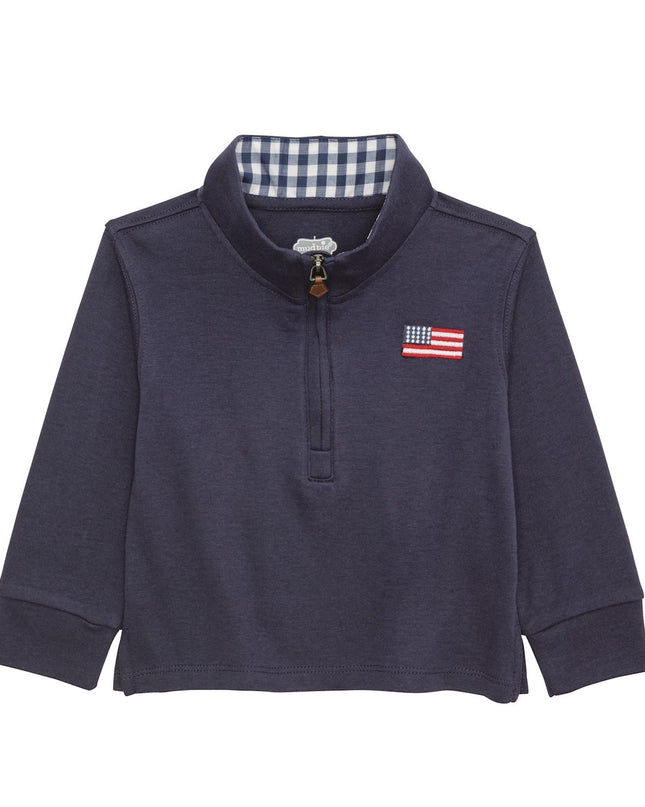 Navy blue quarter zip sweatshirt with American flag