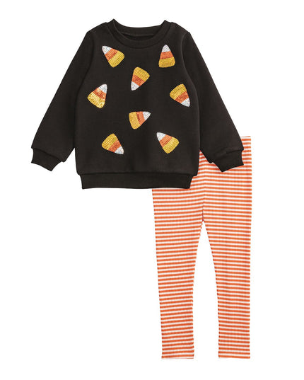 Black sweatshirt with sequin candy corn patches and orange striped leggings 