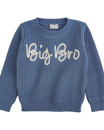 Blue sweater with Big Bro stitched across the front 