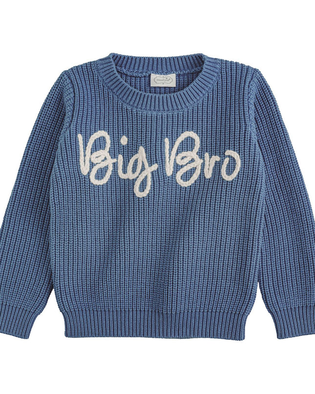 Blue sweater with Big Bro stitched across the front 