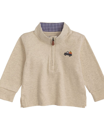 Beige pullover quarter zip with a small pumpkin truck appliqué  