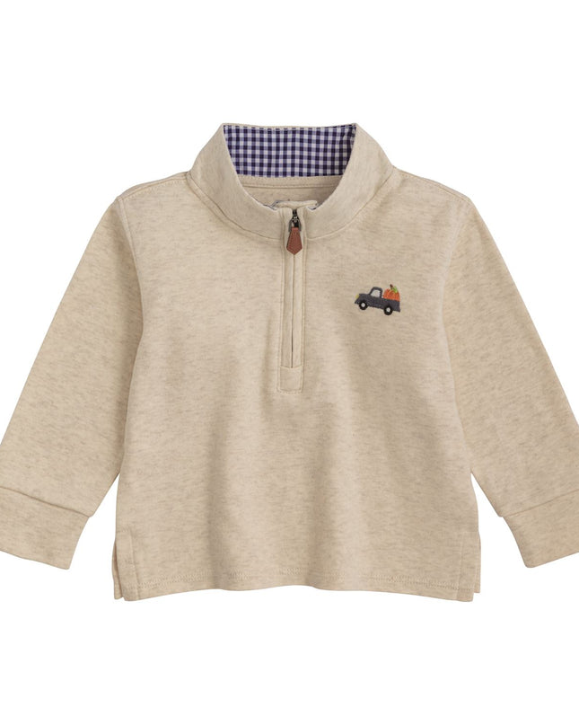 Beige pullover quarter zip with a small pumpkin truck appliqué  