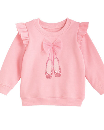 Pink sweatshirt with ruffled sleeves and sequin ballet slipper design 