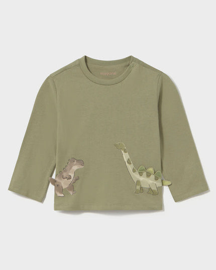 An olive green long-sleeve children's t-shirt featuring two dinosaurs