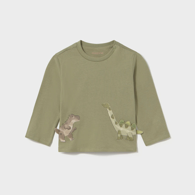 An olive green long-sleeve children's t-shirt featuring two dinosaurs