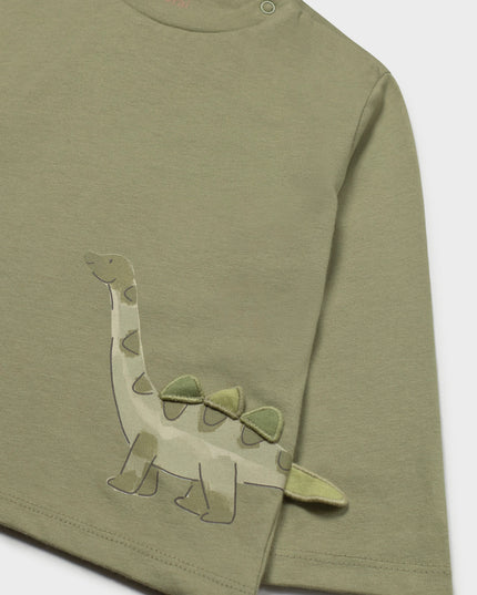 An olive green long-sleeve children's t-shirt featuring a 3D appliqué dinosaur design on the front